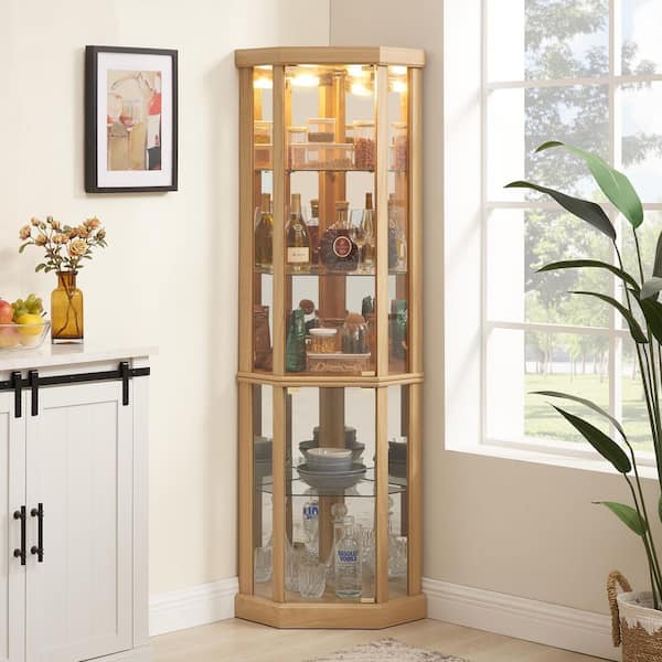 69.85 in. H White Corner Curio Cabinet, Glass Display Cabinet, Bar Glass Storage with LED Lights and Adjustable Shelves