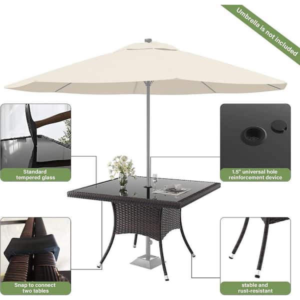 10-Piece Wicker Square Patio Outdoor Dining Set with Glass Tabletop and 1.5 in. Umbrella Hole, Blue Cushion