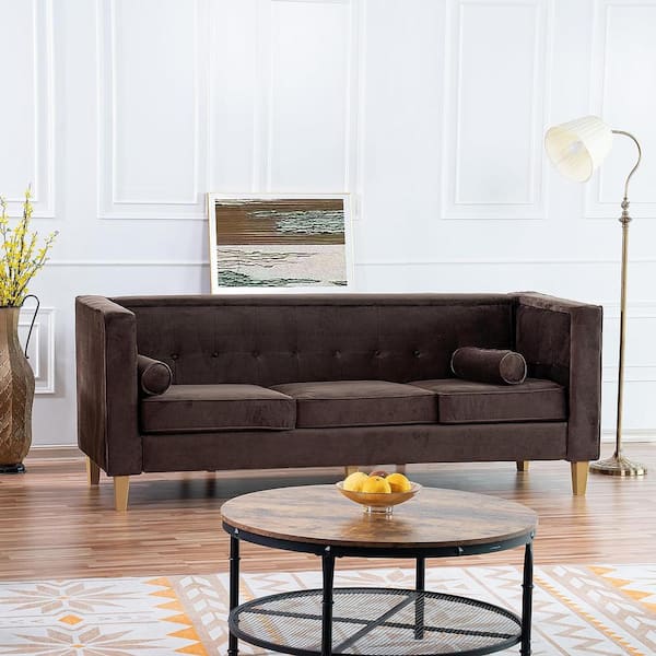 MAYKOOSH 83.5 in Wide Square Arm Velvet Rectangle Sofa in. Espresso
