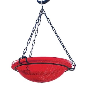 12.5 in. Tall Red Crackle Glass Hanging Birdbath Bowl