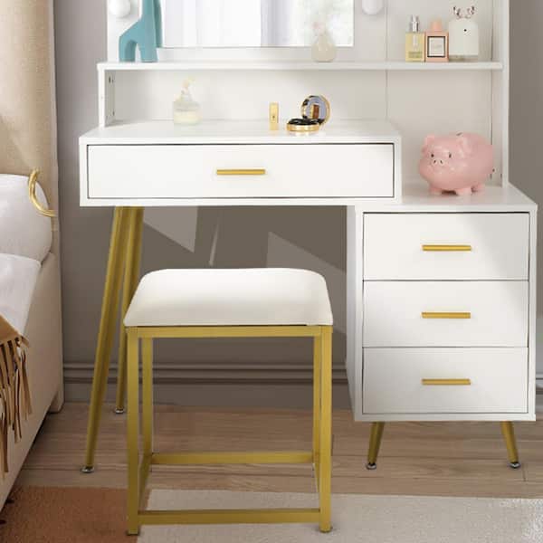 Karl home White Cushion Vanity Stool with Metal Legs