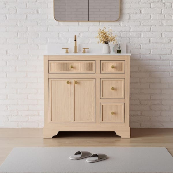 ALLSTAR 36 in. Single Sink Light Brown Solid Wood Freestanding Bath Vanity with White Quartz Top, Assembled