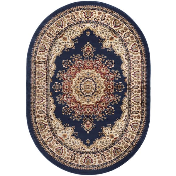 Tayse Rugs Sensation Border Navy 5 ft. x 8ft. Oval Indoor Area Rug