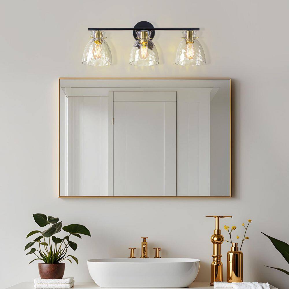 24 in. 3-Light Black and Gold Bathroom Vanity Light with Water Ripple Glass Shades, Modern Wall Sconce for Bathroom price history on PriceWatchPro