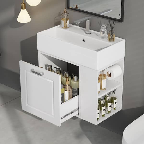 21.8 in. Single Sink Floating White Bath Vanity with White Ceramic Sink Top