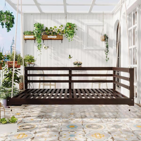 Minimalist Light Brown Acacia Wood Twin Size Patio Swing Bench for Backyard, Garden