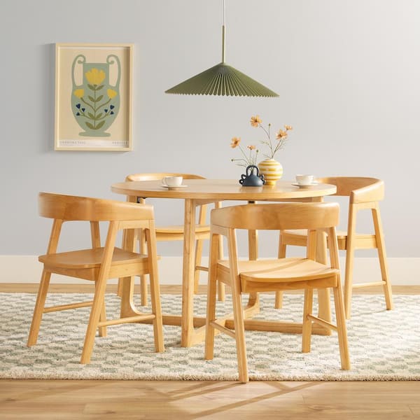 Modern 5-Piece Round Natural Wood Top Dining Room Set with Natural Wood Chairs and Solid Wood Features, Seats 4