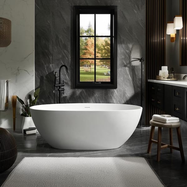 Xspracer Moray 65 in. x 30 in. Solid Surface Stone Resin Flatbottom Freestanding Double Slipper Soaking Bathtub in Matte White