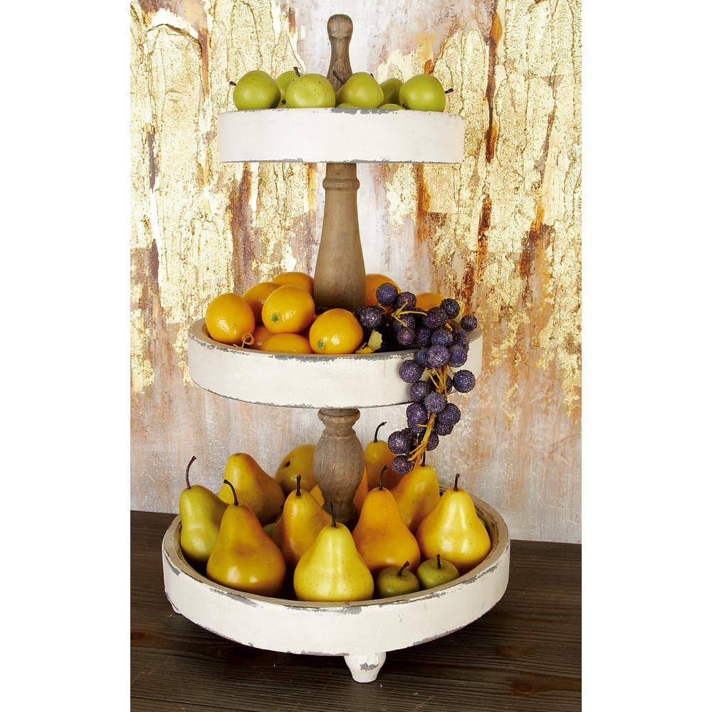 Distressed White and Brown Wood 3-Tier Round Serving Tray