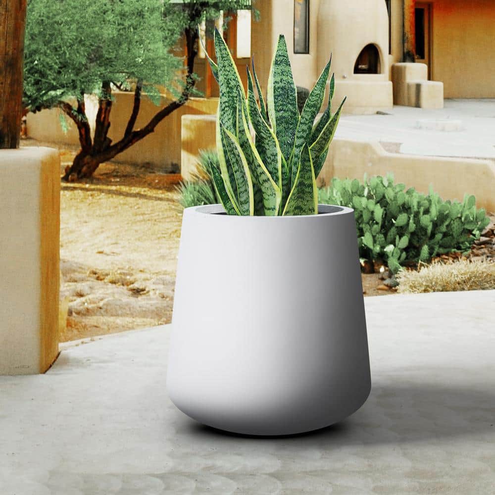 PLANTARA 12 in. H Solid White Concreteplanter, Outdoor Flower pot with