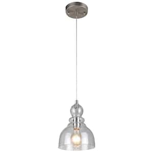 1-Light Brushed Nickel Adjustable Mini Pendant with Hand-Blown Clear Seeded Glass