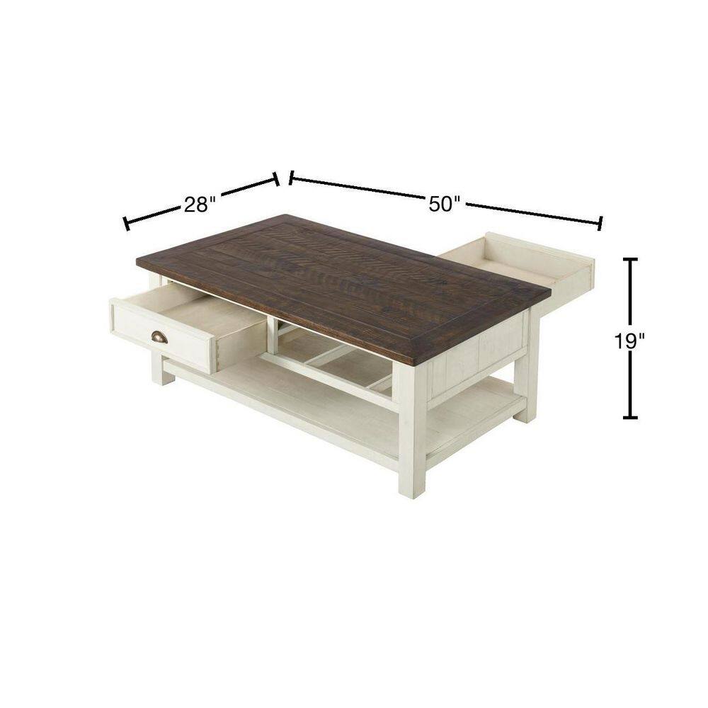 Monterey 50" Cream White and Brown Pine Coffee Table with Storage