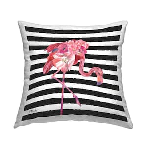 Floral Flamingo Bold Stripes Pink Square Outdoor Throw Pillow