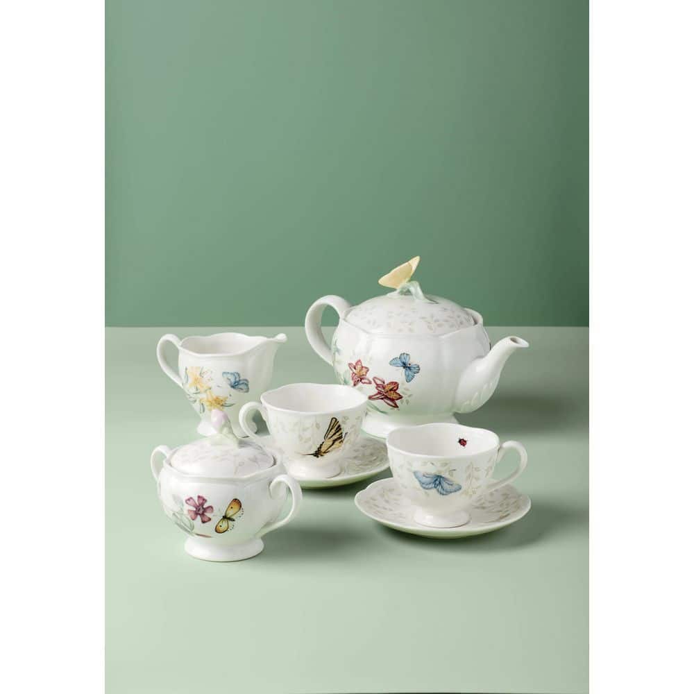 White Ceramic Floral Butterfly Scalloped Cup