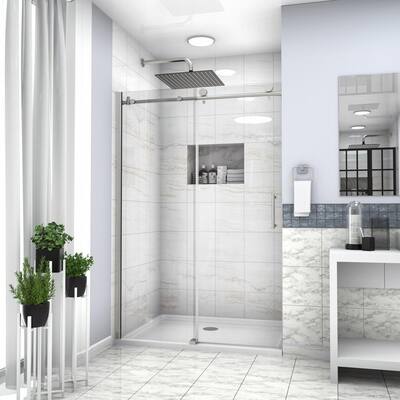 49 in. W x 76 in. H Single Sliding Frameless Shower Door/Enclosure in Brushed Nickel with Clear Glass