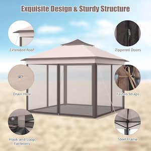 11 ft. x 11 ft. Beige Pop up Gazebo 2-Tier Patio Canopy Tent Shelter w/Carrying Bag