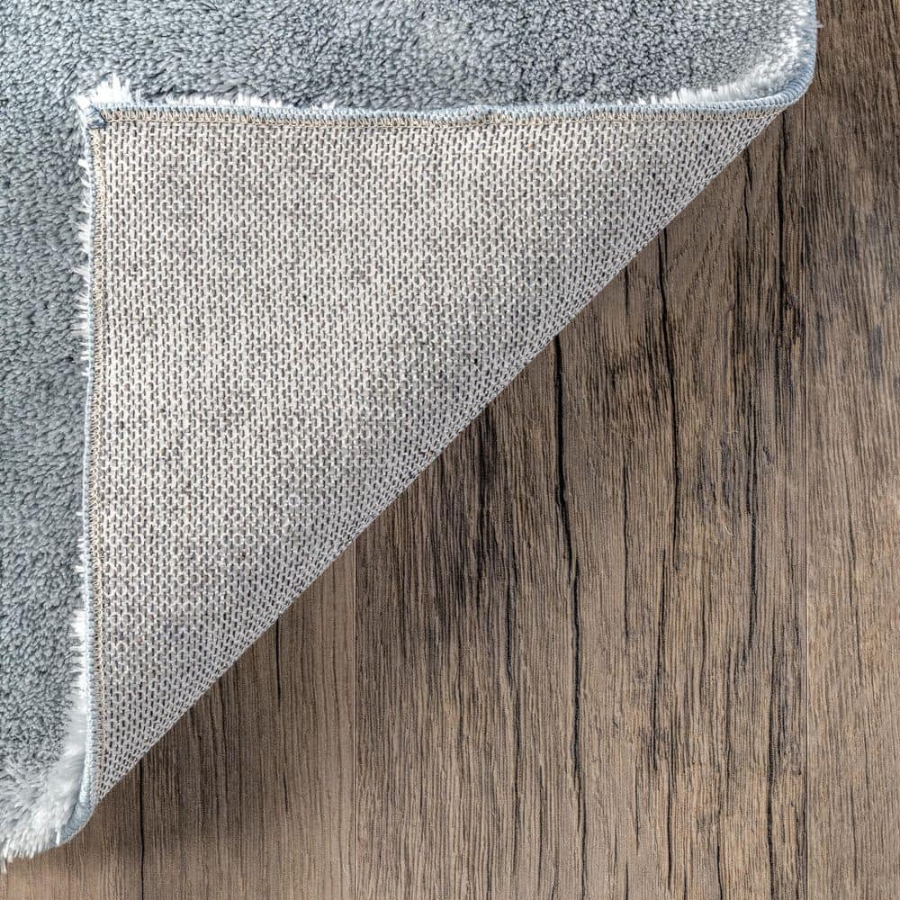 Light Blue Solid Shag Washable Round Synthetic Rug