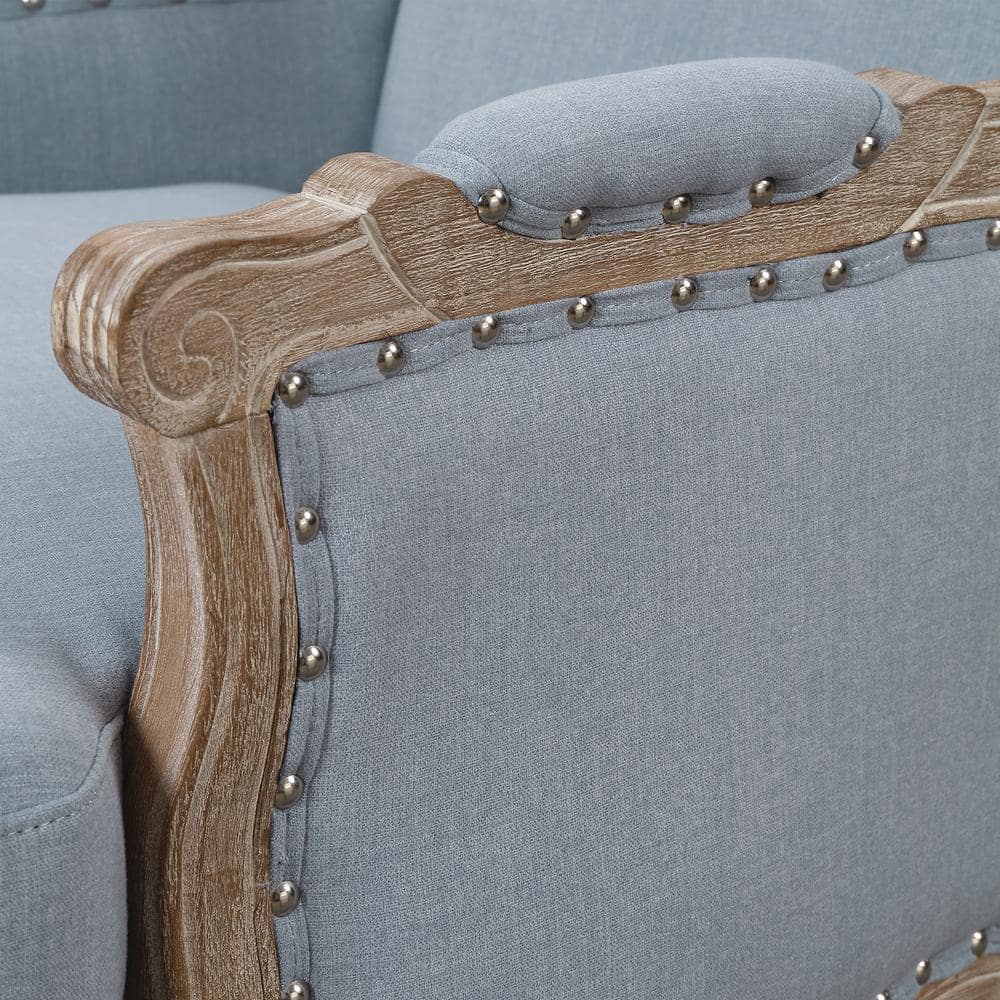 Light Blue Traditional Upholstered Accent Chair with Distressed Wood Base