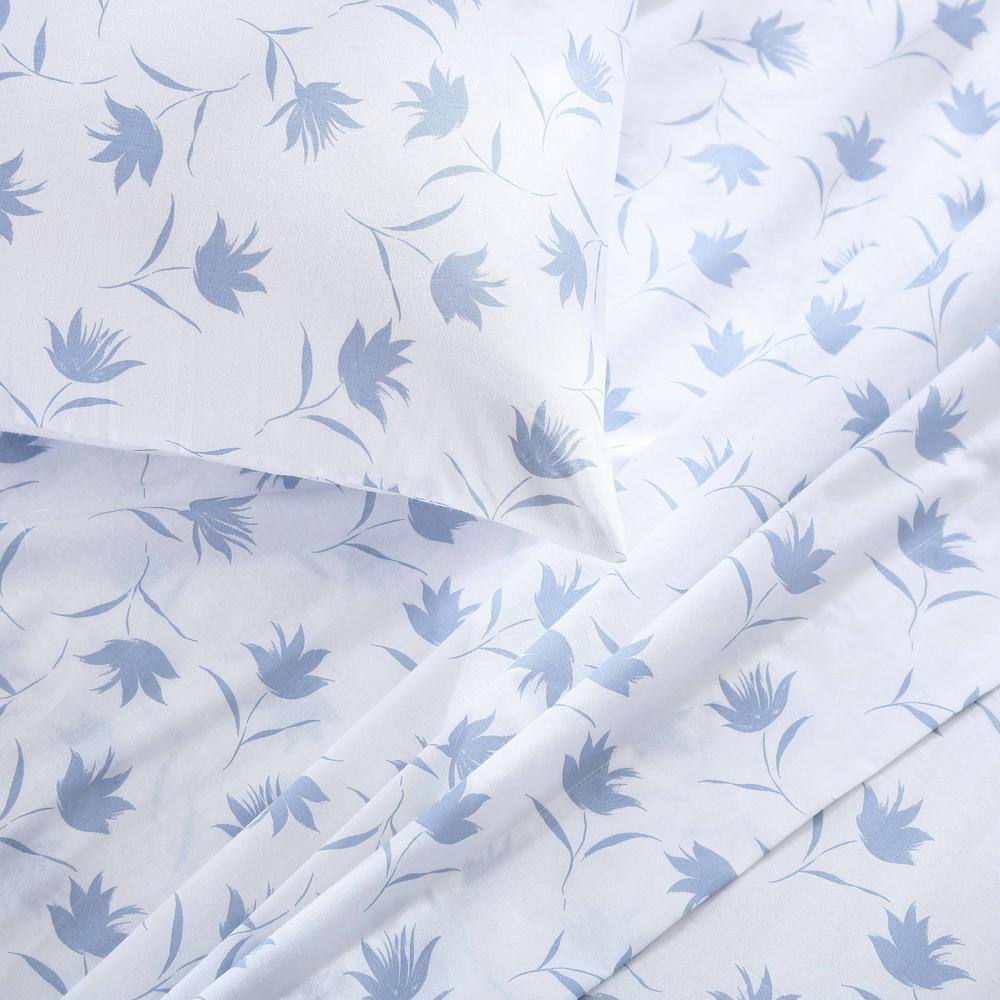 King Blue Floral Cotton Percale Sheet Set