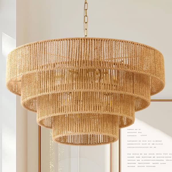 6-Light Boho Farmhouse Rattan Pendant Light, Large Brown Hand-Woven Chandelier with 4-Tier Shade for Living Room