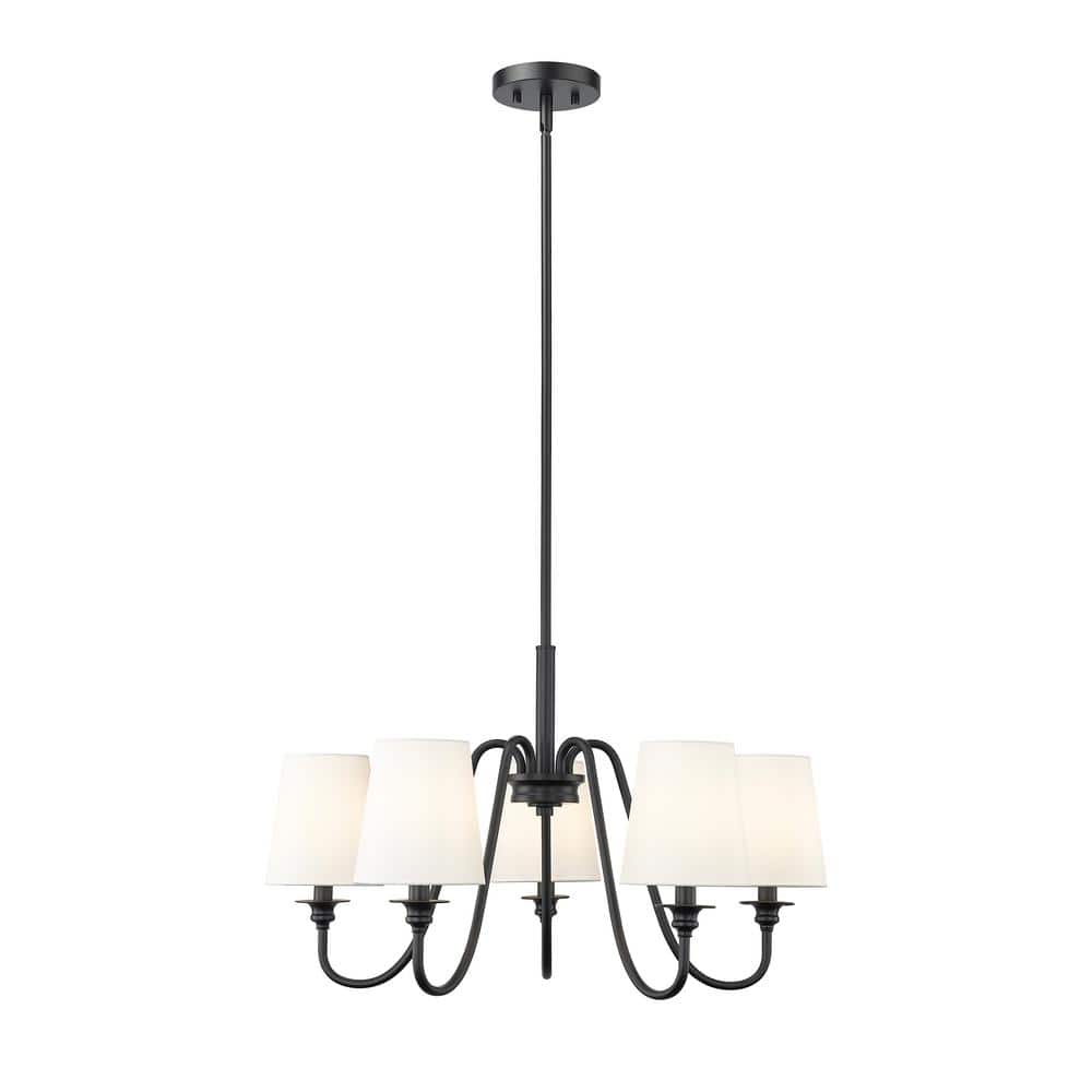 Gianna 5-Light Matte Black Chandelier with White Fabric Shades