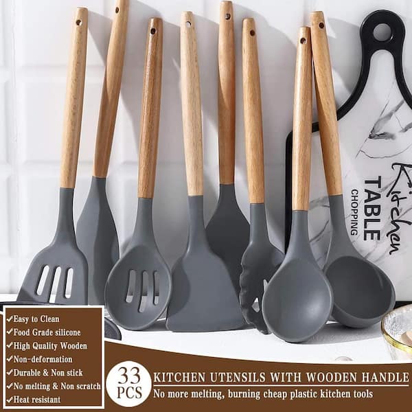 Aoibox 33-Piece Silicon Cooking Utensils Set with Wooden Handles and Holder for Non-Stick Cookware, Gray