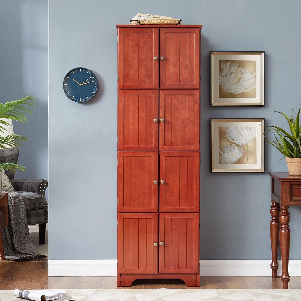 72.4 in. Tall Storage Cabinet Tall Storage Cabinet with 8 Doors and 4 Shelves for Kitchen, Dining Room in Cherry
