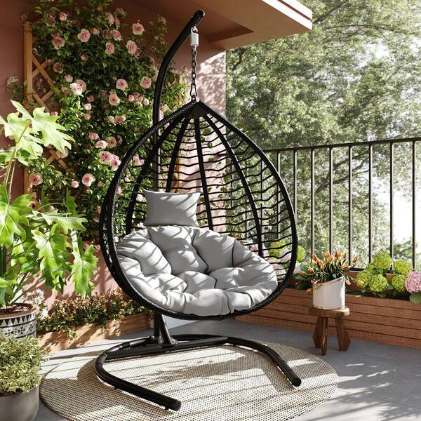 Black Wicker Foldable Outdoor Rattan Egg Chair Patio Swing Chair