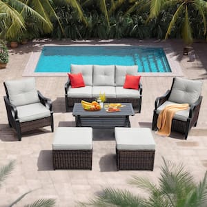 Brown 6-Piece Wicker Outdoor Sectional Set with Light Gray Cushions and Reclining Backrest