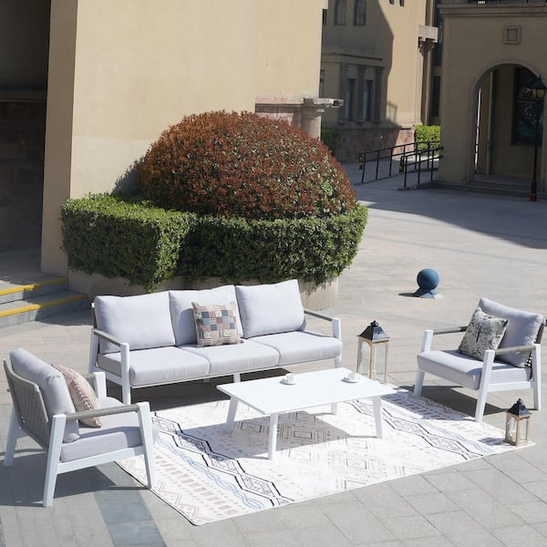 moda furnishings Betty White 4-Piece Aluminum Patio Conversation Sofa Set With Gray Cushions