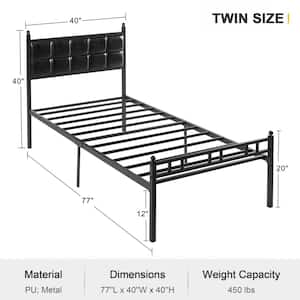 Bed Frame with PU Upholstered Headboard, Black Metal Frame Twin Platform Bed, No Boxing Spring Needed