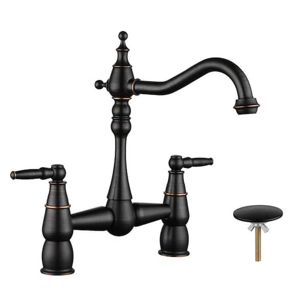 Double-Handle Bridge Kitchen Faucet Deck-Mount with Sink Hole Cover in Oil Rubbed Bronze