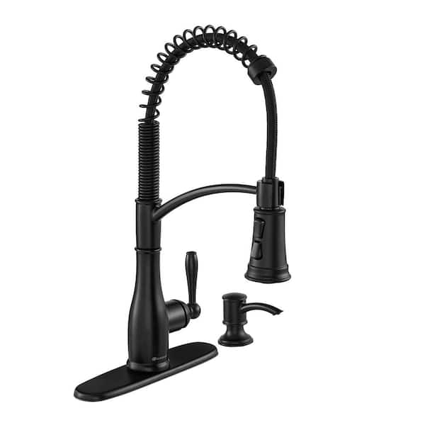 Glacier Bay Mandouri Single-Handle Spring Neck Pull-Down Sprayer Kitchen Faucet with Soap Dispenser in Matte Black