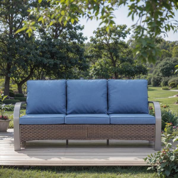 SteelCurve Modern Farmhouse 3-Seat Brown PE Wicker Outdoor Couch with Blue Cushions and Curved Metal Armrest