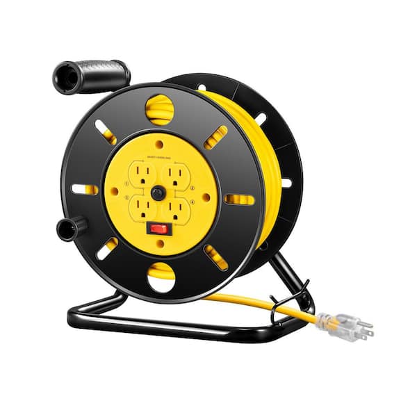 Heavy Duty 80 ft. 14 / 3 SJTW 13 Amp Indoor / Outdoor Retractable Extension Cord Reel with 4-Grounded Outlets Yellow