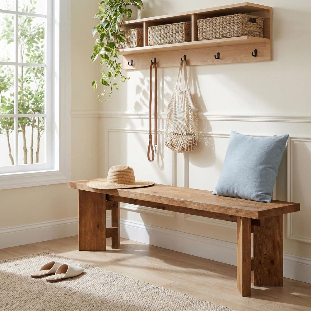 Split Level Timber Bench BYBLIGHT Ashford 63 in. Brown Solid Wood Entryway Bench with Split-Leg ...