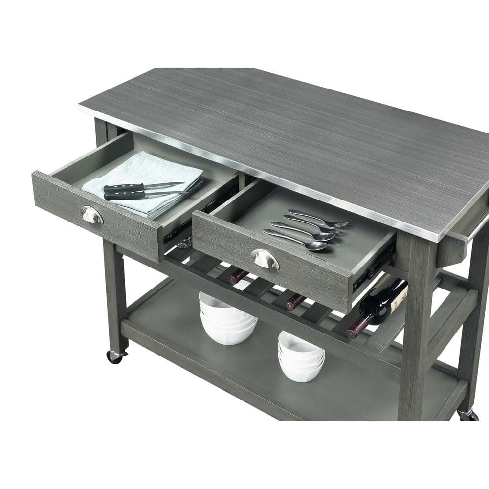 Wirebrush Dark Gray Stainless Steel Kitchen Cart with Wine Rack