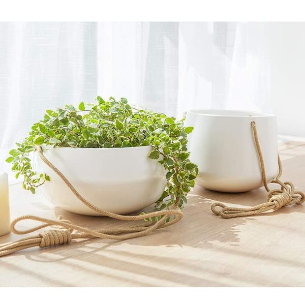 White Ceramic Indoor/Outdoor Hanging Planter with Polyester Rope Hanger  (2-Pack) Z07ZVP79Y1 - The Home Depot