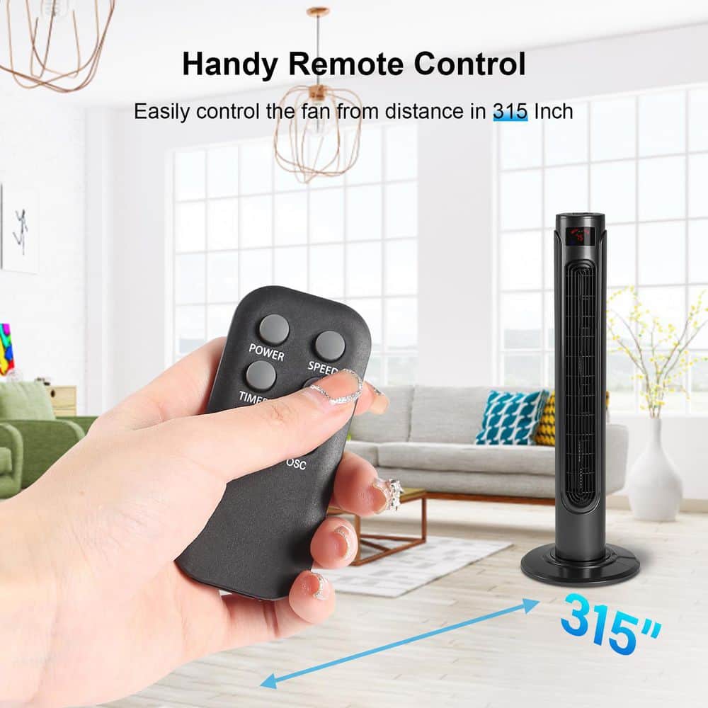 36 Inch Black Remote Controlled Oscillating Tower Fan