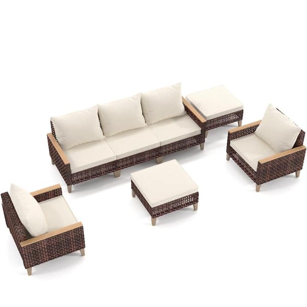 Unbranded 7-Piece Brown Wicker Rattan Outdoor Patio Sectional Set Sofa Set with Ottoman and Beige Cushions, for Pool Backyard