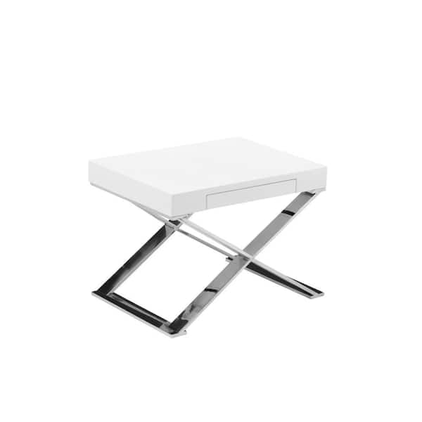 Benjara 21 in. White and Chrome Square Wood End Table with X Shape Metal Legs