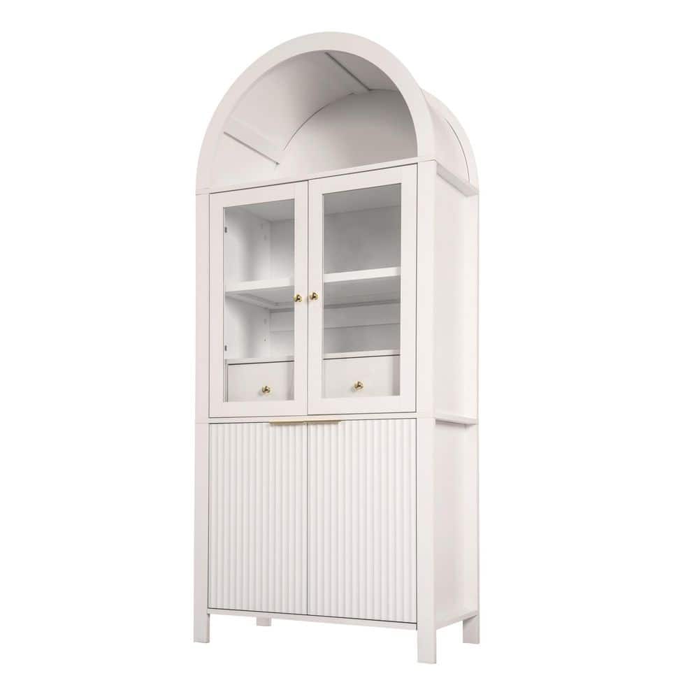 Arched Pantry Cabinet White Wood 32 in.x71 in. Pantry Cabinet with Adjustable Shelves & Glass Doors.