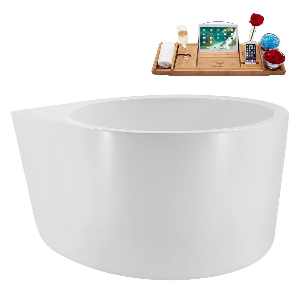 47" Glossy White Acrylic Freestanding Soaking Bathtub with Polished Chrome Drain and Bamboo Tray