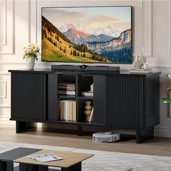 58 in. Modern Black Marble TV Stand Fits TVs up to 65 in. with Fluted Sliding Door and Storage Cabinet