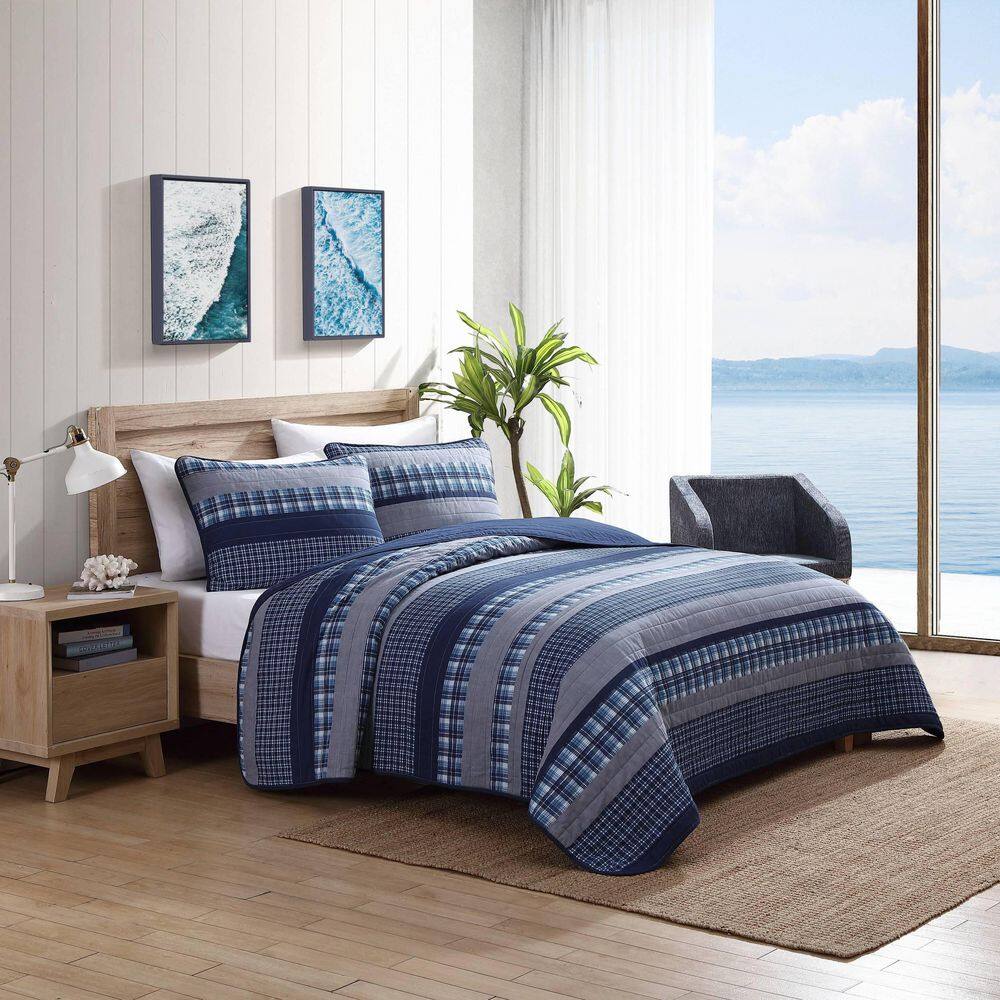 Navy Blue Chambray Solid Reversible Cotton Twin Quilt Set