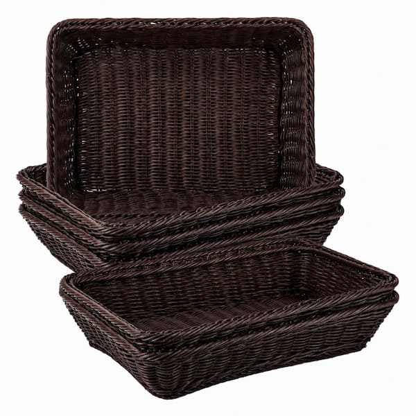 6-Pack 16-Inch Deep Coffee Woven Plastic Bread Baskets, Rectangular Fruit Serving Trays for Dining Table