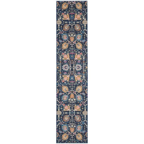 Nourison Passion Navy 2 ft. x 10 ft. Floral Transitional Kitchen Runner Area Rug