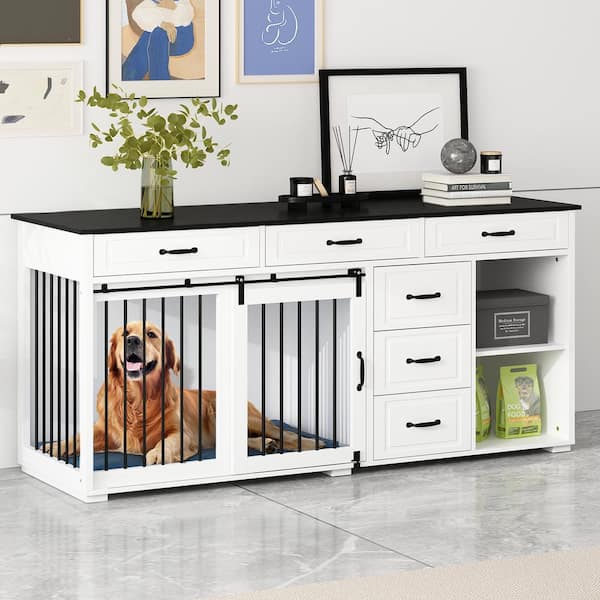 FUFU&GAGA Large Wooden Dog House with 6-Drawer 2 Compartment Dog Crate, Heavy-Duty Indoor Dog Cage House