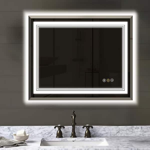 30 in. W x 36 in. H White Rectangular Beveled Frameless Dimmable LED Anti-Fog Memory Wall Mount Bathroom Vanity Mirror