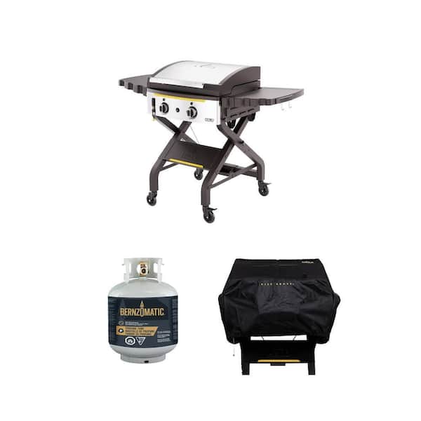 Elite2B 2-Burner 4 Zone Black Griddle, 20 lbs. Empty Propane Tank and Griddle Cover Combo